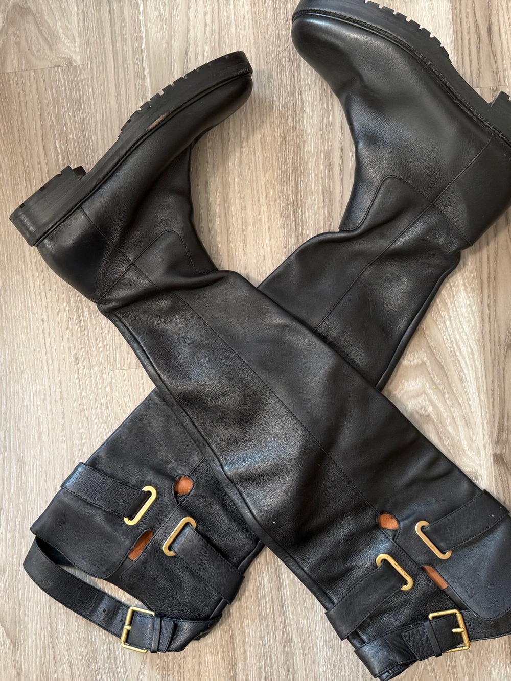 Valentino Garavani Black Leather Over-the-Knee Boots with Gold Buckles